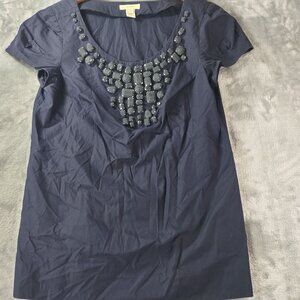 J Crew Womens Navy Jeweled Scoop Neck Tee Top 0 Embellished Cotton Style‎ 21840